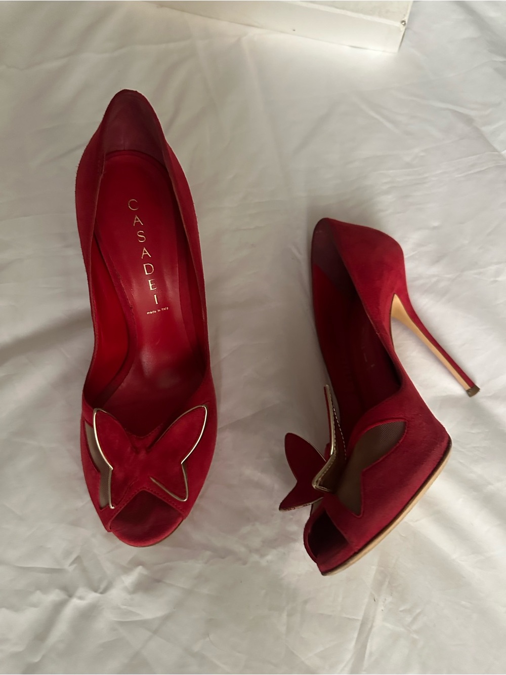 CASADEI Red Suede Butterfly Peep-Toe Stiletto Heels